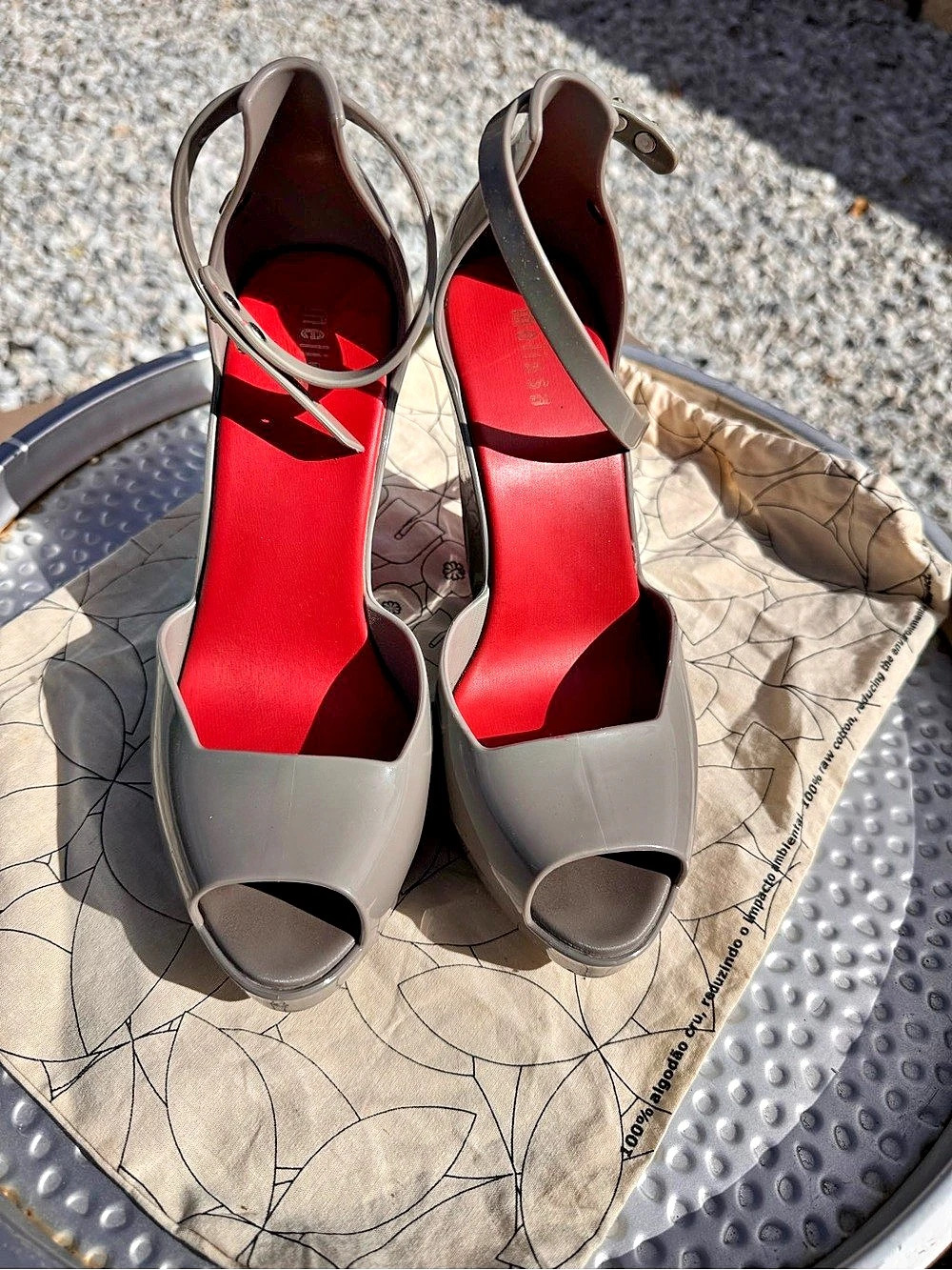 Melissa Incense Flash Heel Gray & Red Peep Toe Heels